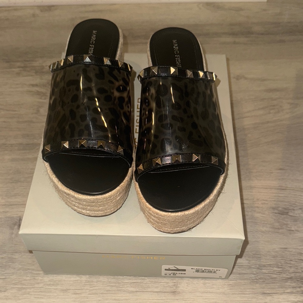Marc Fisher Black Leopard Platform Sandals